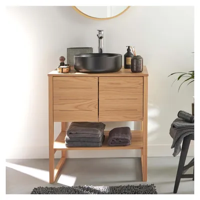 Image de Meuble ATOLL 70cm chêne vasque ronde noire robinet et miroir