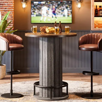 Produktbild von Tribesigns Runder Bartisch, 100 cm hoch, Bistrotisch aus Holz mit Metallring-Fußstütze für Essbereich, Kaffeebar, Cocktailbar, Wohnzimmer,Braun & Grau