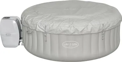 A light gray inflatable hot tub with a cover and a white control unit attached to the side, isolated on a white background.