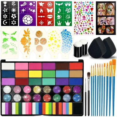 Immagine prodotto di Set di trucchi per bambini, 56 colori, colori per il viso attivabili con acqua, con pennelli, spugne, stencil e adesivi, ideali per Halloween, feste di compleanno e altre occasioni