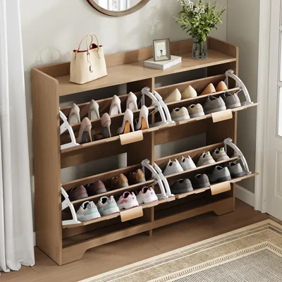 Immagine prodotto di Armadietto per scarpe Flieks con 4 ante a ribalta, frontale con struttura 3D, mobiletto per scarpe con ripiano superiore, mobile per l'ingresso, stile naturale
