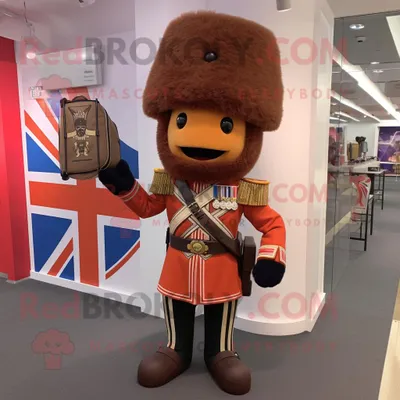 Produktbild von Brauner REDBROKOLY Maskottchencharakter der britischen Königsgarde bekleidet mit Leggings und Clutch-Taschen