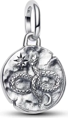 A silver charm with a snake, star, and moon design.