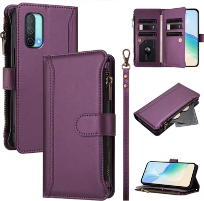 Image de Étui pour OnePlus Nord CE 5G, zippé, étui portefeuille en cuirPolyuréthaneà rabat avec poches pour cartes, support et boucle pour les mains Violet