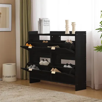 Produktbild von Schuhschrank mit 4 Klappenfächern und Freistehendem Schuhregal Schuhschränke B110/H90/T24 cm Schwarz