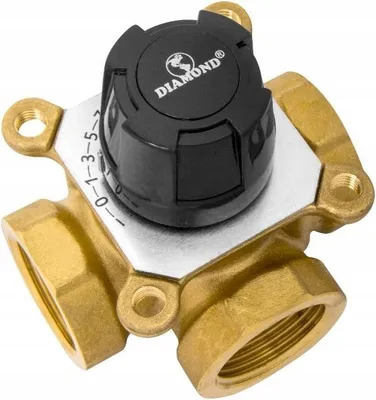 A close-up studio shot of a brass three-way mixing valve with a black adjustment knob.