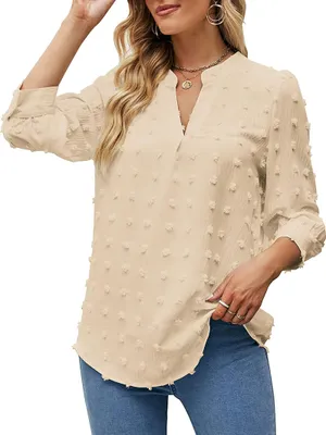Produktbild von ASKSA Damen Chiffon Bluse V-Ausschnitt Pom Pom T-Shirt 3/4 Ärmel Elegant Tunika Casual Oberteile, Aprikose, XL