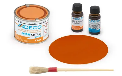 Produktbild von Schlauchboot-Reparaturset 2-K-Kleber PVC / Vinyl 1x Flicken Orange ∅10cm, 1x Kleber 125ml, 1x Aktivierer 10ml, 1x Pinsel