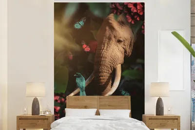 Produktbild von MuchoWow® Fototapete für Wohnzimmer oder Schlafzimmer Wandtapete Vinyl Motivtapete Elefant - Vogel - Schmetterling - Dschungel - 160x240 cm - Vinyltapete