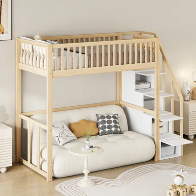 Produktbild von okwish Vysoká postel patrová postel 90x200 cm s úložným žebříkem, dětská postel s ochranou proti pádu, přírodní