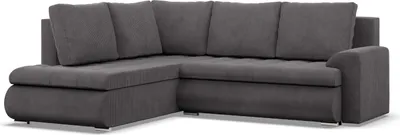 A dark gray sectional sofa with a chaise lounge is shown against a white background.
