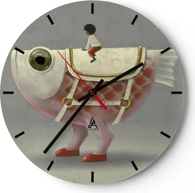 Produktbild von Wanduhr - Rund - Glasuhr - Surreal Fisch Kind - 40x40cm - Schleichendes Uhrwerk - Lautlos - zum Aufhängen bereit - Dekoration Modern - Wanddekoration aus Glas - C3AR40x40-4897