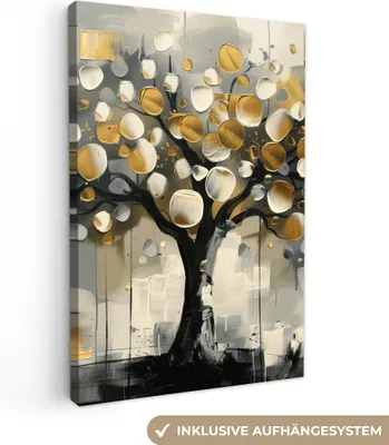 Produktbild von MuchoWow® - Leinwandbilder - Baum - Abstrakt - Beige - Gold - Schwarz, Wandbild, Wanddeko Bilder Wohnzimmer, 40x60 cm
