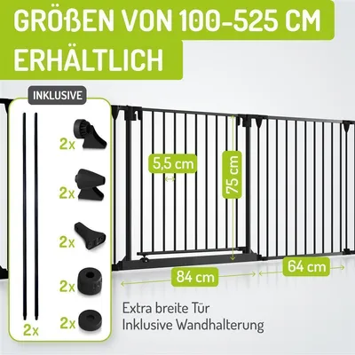 Produktbild von BOMI Kaminschutzgitter Milo 100-525 cm | Extrabreite Tür: 75 cm Durchgang & Feststellfunktion | Schutzgitter für Kaminofen in Schwarz | Kaminschutzgitter ohne Wandmontage | Kindergitter XXL