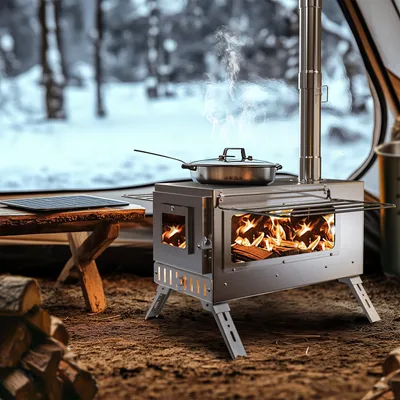 Image de Poêle à bois portable - Poêle en acier inoxydable - Poêle pour camping - Poêle de randonnée - Poêle d'extérieur - Acier inoxydable