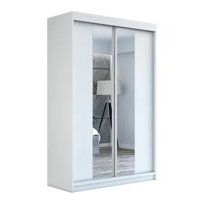 A white sliding door wardrobe with mirrored doors.