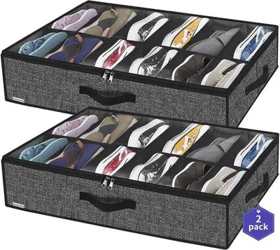 Productafbeelding van Sterkere schoenenopslag voor schoenen onder het bed, 2-pack (74,5 x 60,5 x 15 cm), schoenenkist voor 24 paar schoenen, met transparant deksel - linnenwit, zwart