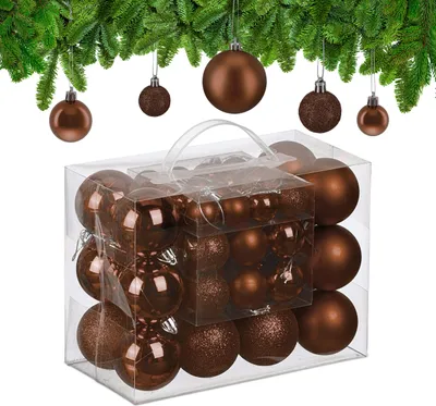 Image de Lot de 50 boules de Noël Relaxdays, en plastique, boules scintillantes, mates et brillantes, décorations pour sapin de Noël, marron