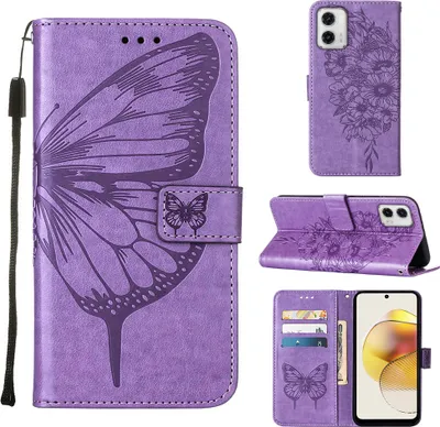 Produktbild von Lederhülle für Motorola Moto G73 Schmetterling Prägung Flip Ledertasche Kartenfächer Handyhülle mit Ständer Violett