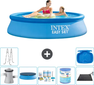 Produktbild von Intex runder aufblasbarer Easy Set-Schwimmpool – 244 x 61 cm – Blau – inklusive Pumpe Abdeckung - Wartungspaket - Filter - Solarmatte - Leiter - Fußbad