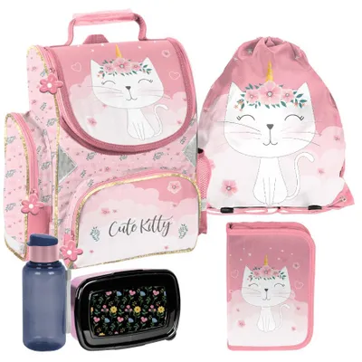 Immagine prodotto di Set da 5 pezzi di zaini per scuola per bambine e bambini GATTO – Paso: zaino, astuccio, borsa, borraccia, borsa per la colazione