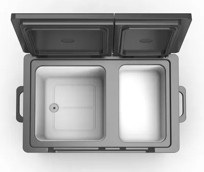 A top-down view of an open cooler with two compartments.