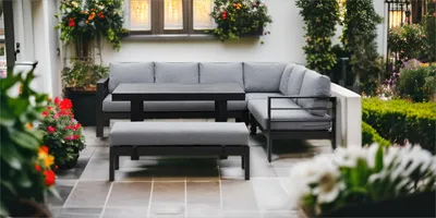Produktbild von MEXO Gartenmöbel-Sets Aluminium, Gartensofas Ecklounge mit groß Tisch und Gartenbank, Wetterfest Dining Lounge Outdoor für 8-9 Personen, schwarz
