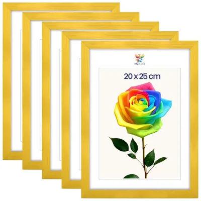 Obrázek produktu pro MG Design, sada 5 kusů rámečků na fotografie, rozměr 20 x 25 cm – fotorámečky se žlutým rámem z masivního dřeva a odolným akrylovým sklem, vhodné k zavěšení i k postavení