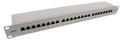 Imagen del producto de Panel de conexión InLine® Cat.6A, 24 puertos, para montaje en rack de 19", 1U de altura, color gris claro RAL7035