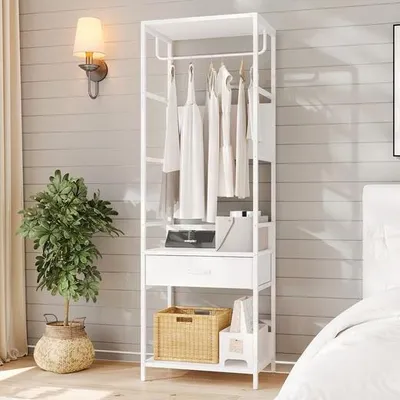 Produktbild von VOWNER Garderobenständer mit Sitzbank, 1 Schublade & Kleiderstange, schmaler Flurgarderobe mit Schuhablage & Wandbefestigung, Weiß, 60x40x180cm