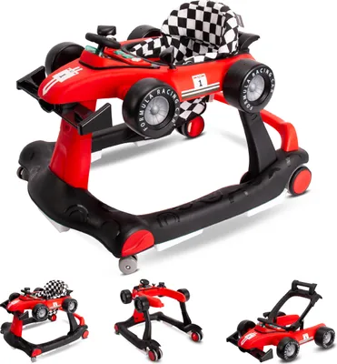 Obrázok produktu pre Sun Baby Walker 3v1 chodítko s výškovo nastaviteľným motívom autíčka, pretekárske autíčko, interaktívne a skladacie s bezpečnostnou zarážkou, tlačidlami, svetlami a zvukom od 6 mesiacov červená