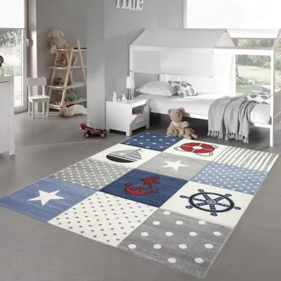 Zdjęcie produktu dla Dywan dziecięcy dywan do zabawy dywan chłopięcy dywan w morską kratę w kolorze niebieskim kremowym szarym rozmiar - 200 x 290 cm