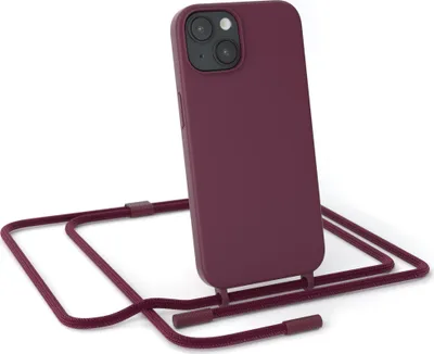 Produktbild von EAZY CASE Handykette Silikon Premium kompatibel mit Apple iPhone 14 Handyhülle mit Umhängeband, Handykordel mit Schutzhülle, Silikonhülle, Hülle mit Band, Kette für Smartphone, Beeren Rot