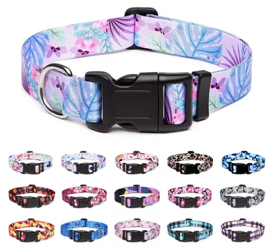 Produktbild von Hundehalsband aus Nylon, verstellbar und bequem für Hunde und Katzen (Größe S, lila mit Blumenmuster)