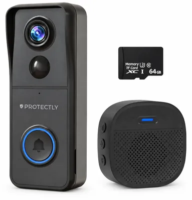 Productafbeelding van Protectly® Slimme Draadloze Video Deurbel Met Camera - Deurbellen Met Camera - Deurbel Draadloos WiFi - Waterdicht - Incl. Gong - Incl. 64GB SD - Geen abonnement - 4K Ultra HD