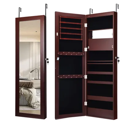 Produktbild von GOPLUS Schmuckschrank mit Spiegel, Spiegelschrank hängend mit LED-Beleuchtung, Wandschrank mit Innenspiegel & klappbarer Ablage, Braun