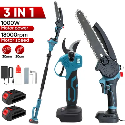 Produktbild von Akku-Hochentaster-Set - 3-in-1 Astsäge und Gartenschere - 1000 W - Bürstenlos - Teleskopisch - 20-cm-Schwert - 21-V-Akku inklusive