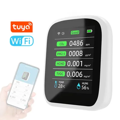 Zdjęcie produktu dla Tuya Wifi Przenośny miernik jakości powietrza 8w1 PM1.0 PM2.5 PM10 CO2 TVOC HCHO Tester temperatury i wilgotności Kolorowy ekran LCD Detektor dwutlenku węgla z funkcją wyświetlania czasu i daty