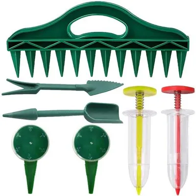 Immagine prodotto di Set da 7 pezzi composto da seminatrici e attrezzi per la semina, regolabili, per giardinaggio e orticoltura, per smuovere il terreno e irrigare
