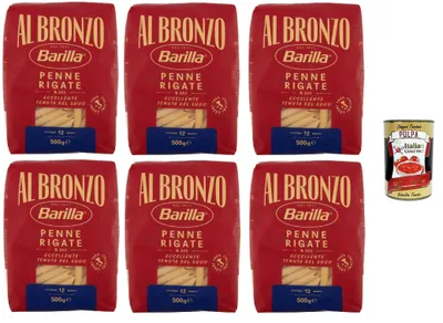 Produktbild von Barilla Al Bronzo Penne Rigate 6x500g – 3 kg Vorratspack, extraraue Bronze-Textur für perfekten Saucenhalt, al dente in 12 Min., 100% Hartweizengrieß – aus Italien + Italian Gourmet polpa