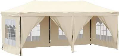 A cream-colored party tent with side walls and windows, set against a white background.
