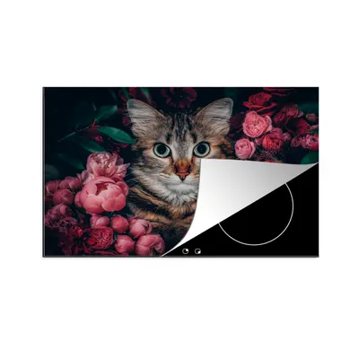 Produktbild von KitchenYeah© Herdabdeckplatte Katze - Blumen - Tiere - Botanisch , 81x52cm, Küche Deko, Glaskeramikkochfeld Herdabdeckung, Abdeckplatte fùr Kochfeld