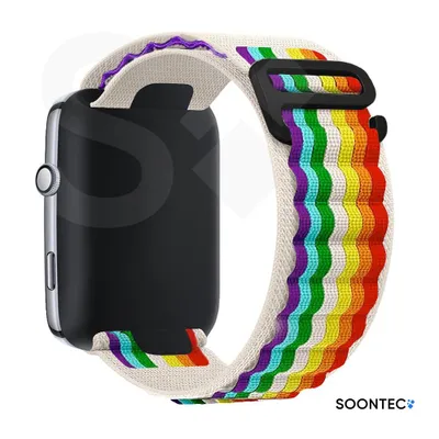 Produktbild von SOONTEC Premium Sportarmband für Apple Watch Ultra 2/1, Series 11-1, SE (42-49 mm) – Outdoor Nylon Loop mit Titansilber G-Hook in Regenbogenfarben