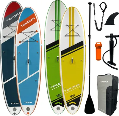 Produktbild von TEKONA Stand Up Paddling Board Set | Aufblasbares SUP Board 3 Finnen | 300cm 120kg Traglast 15cm Dicke | inkl. Rucksack Doppelhub Pumpe Paddel Kajakvorrichtung | Verschiedene Größen und Farben