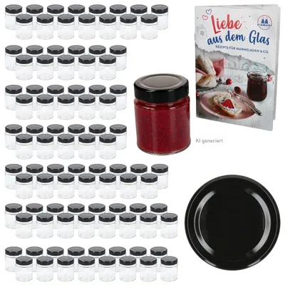Produktbild von 96er Set Marmeladenglas 161ml Deep Deckel Schwarz & Heft Hochrandglas
