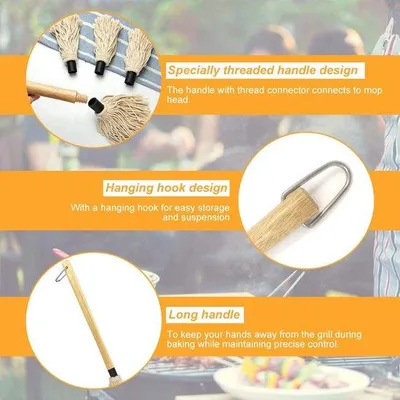 Image de 2 accessoires pour barbecue - Pinceau à barbecue avec long manche en bois et poils en coton synthétique, idéal pour nettoyer les grilles des traces de sauces barbecue et de marinades.