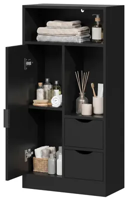 Produktbild von Schmaler Badezimmerschrank mit Schubladen, offenen Regalen und Schrankfach, 50 x 25 x 100 cm, Schwarz