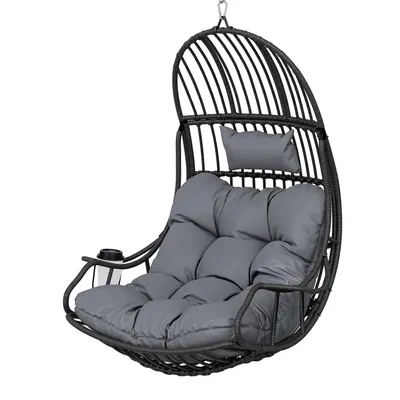 Produktbild von YITAHOME Hängesessel Schaukelsessel Eierschaukel Hängesessel bis 150 kg, Rattan mit Kissen & Getränkehalter, Grau