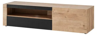 Image de Meuble TV Aron - Bois MDF noir mat et chêne Ribbeck - 160 x 42 x 45 cm