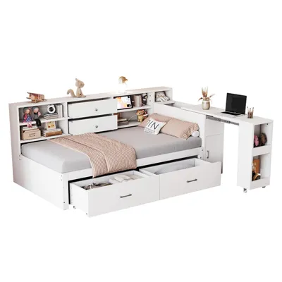 Produktbild von Holzschlafsofa,Holzbett,multifunktionaler Stauraum,verdeckte Staufächer+Regale,2 große Schubladen,Multifunktionssteckdose,ausziehbarer Schreibtisch